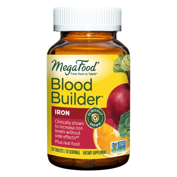 Mega Food Blood Builder Review And Best Alternatives MegaFood Blood Builder is a dietary supplement designed to support healthy blood and iron levels in the body. It distinguishes itself by being made from whole-food sources, promoting gentle absorption of iron, and catering to various dietary preferences. An Iron Supplement crafted from real foods. From farm to tablet. A well-designed supplement that supports healthy blood and iron levels. it promotes gentle absorption of iron and is suitable to various dietary preferences. Highlights Extra Vitamin ( C & B12 ) for better absorption and healthy red blood cell production Gentle on an empty stomach Gluten-free, Soy-free, Dairy-free, Non-GMO Vegetarian friendly 144% Of Daily Iron Value Mega Food Blood Builder Ingredients: Minerals Iron (as fermented iron bisglycinate) 26 mg (144% DV) Vitamins Vitamin C (as ascorbic acid) 15 mg, Folate (as folic acid) 680 mcg DFE (408 mcg folic acid) Vitamin B12 (as cyanocobalamin) 30 mcg Real Food Blend 36 mg (Organic brown rice, organic orange, organic broccoli) Other Ingredients Organic beetroot (125 mg) Mega Food Blood Builder Specifications: Form : Tablets Serving : 30 Servings Mega Food Blood Builder Pros & Cons: Pros: Clinically trialed and tested Natural ingredients Affordable Suitable for many diets. Cons: Some Complaints of tablet size Some Complaints about its taste